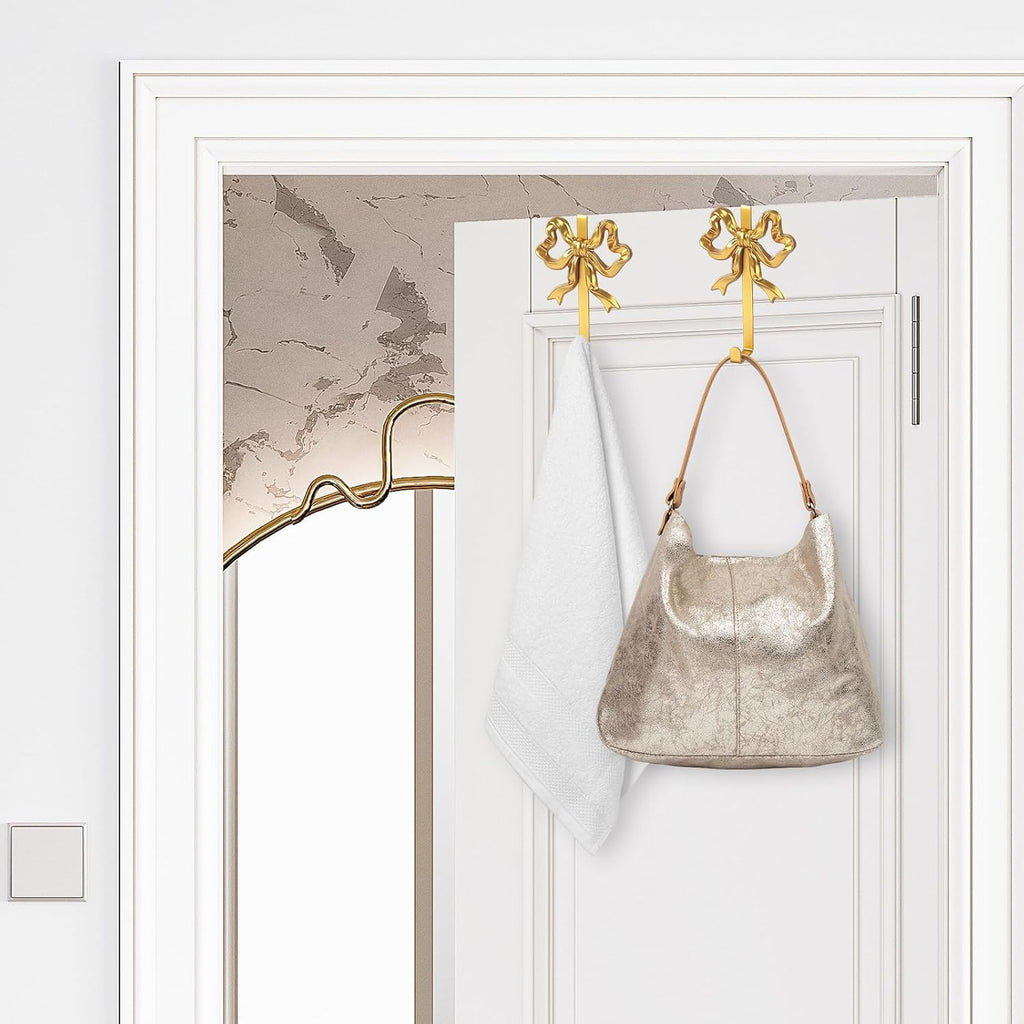 JarThenaAMCS 2Pcs Gold Bow Over The Door Hooks Metal Door Hanger Hook Coquette Towel Coat Hanger for Home Kitchen Bedroom Bathroom Decor