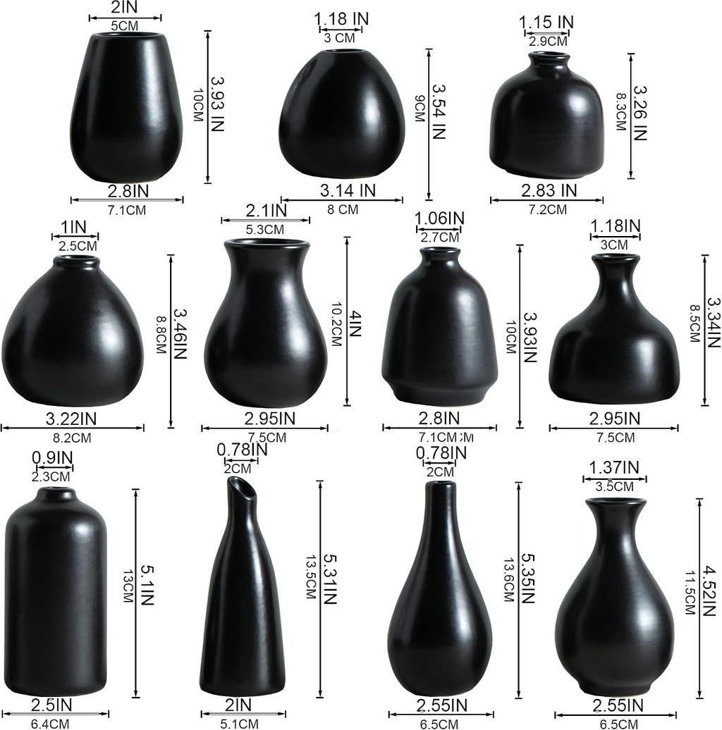 Ceramic Bud Vases, Black Mini Vase Set of 11, Small Pottery Vases for Flowers Mini Ceramic Vases for Pampas Grass Vase Bulk for Wedding Table Centerpieces Decoration Boho Home Decor
