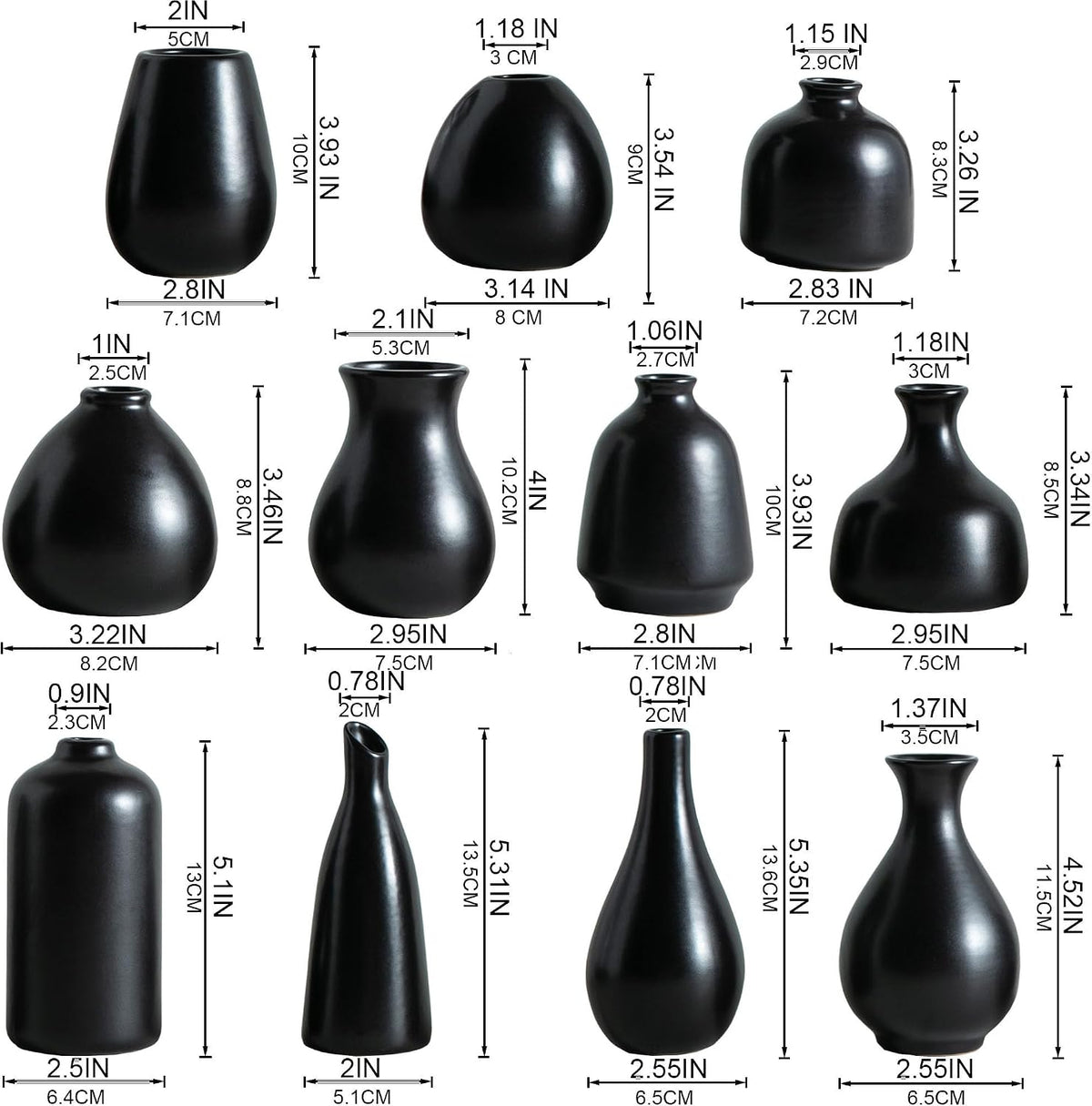 Ceramic Bud Vases, Black Mini Vase Set of 11, Small Pottery Vases for Flowers Mini Ceramic Vases for Pampas Grass Vase Bulk for Wedding Table Centerpieces Decoration Boho Home Decor