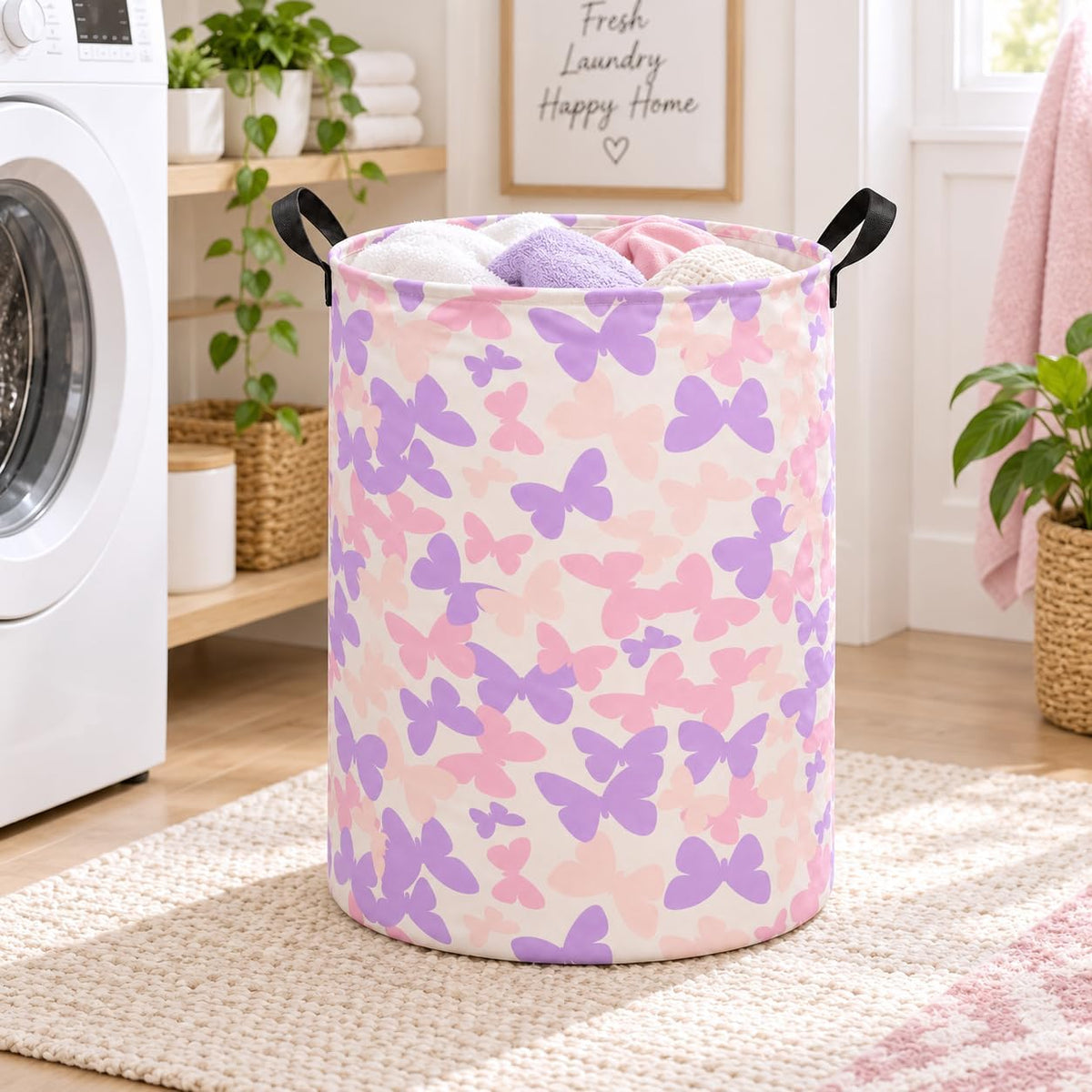 Collapsible Kids Laundry Basket Clothes Hamper, Foldable Storage Organizer Bin, Toy Clothes Storage with Handles for Boys Girls Bedroom, Room Decor Butterfly