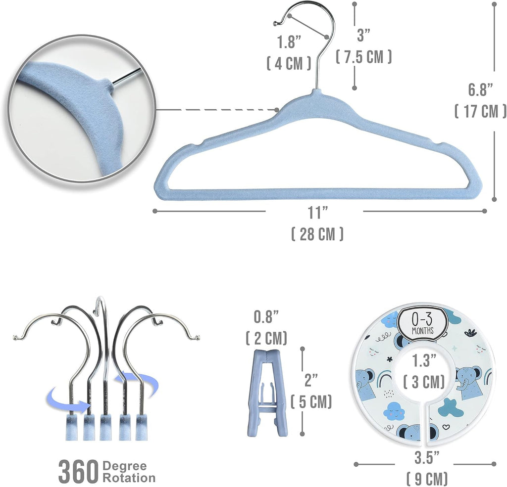 Babyrish Velvet Baby Hangers with 10x Clips and 8X Dividers (30 Pack) | 11” Ultra-Slim Baby Clothes Hangers | Non-Slip Felt | Space-Saving Nursery & Infant Closet Organizer | Blue