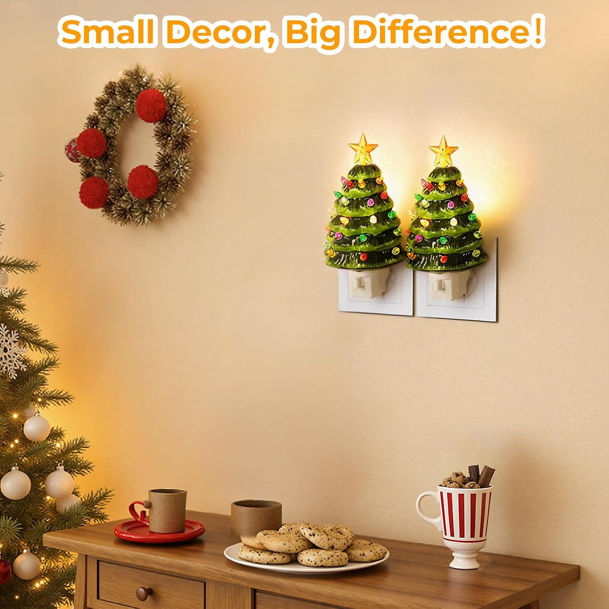 Brightever Ceramic Christmas Tree Night Lights, 2-Pack Plug-in 6" H Vintage Christmas Wall Decor with Multicolor LED Bulbs, 360 Swivel Plug, On/Off Switch, Xmas Tree Nightlight for Bathroom, Bedroom