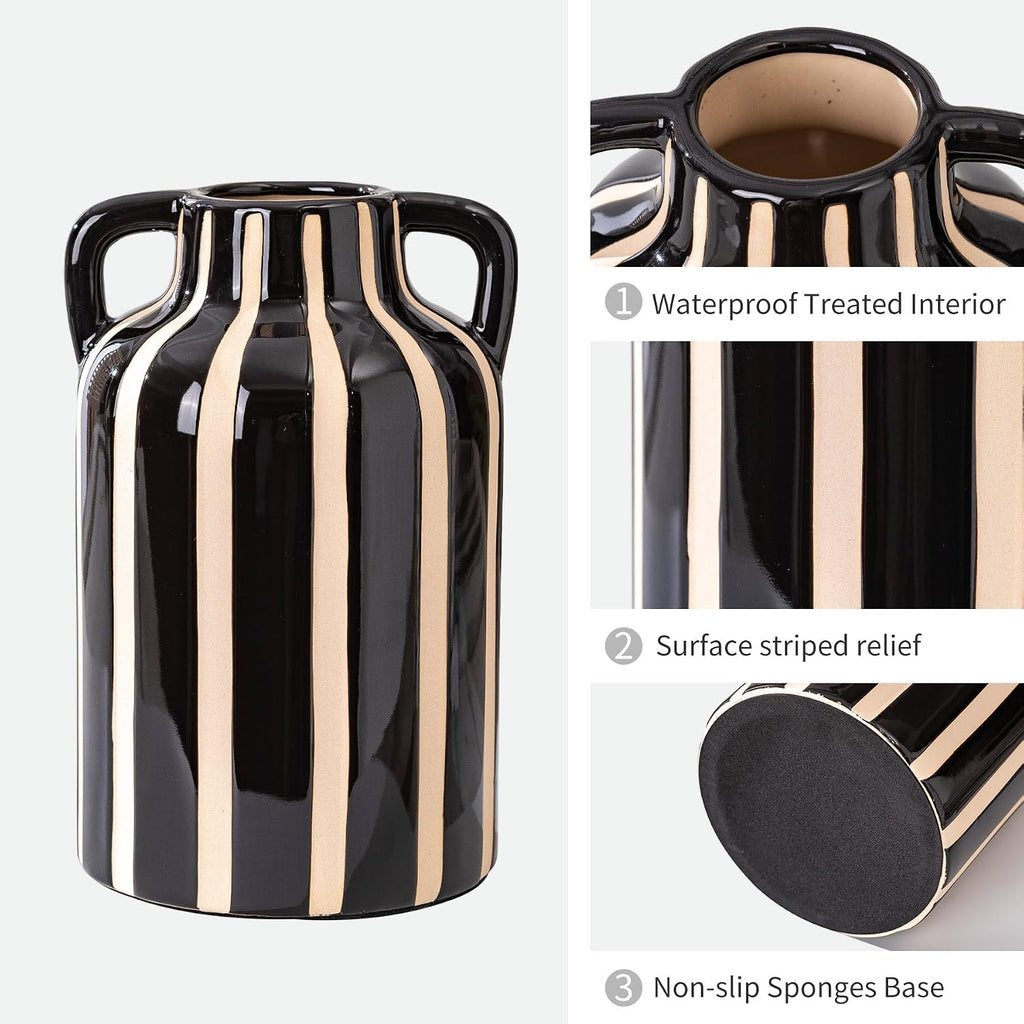 SURE YUESI Black Ceramic Vase with Handles, 9.1 Inch Striped Flower Vase for Halloween Decor, Modern Farmhouse Vase for Pampas Grass, Shelf Decor, Dining Table Centerpiece