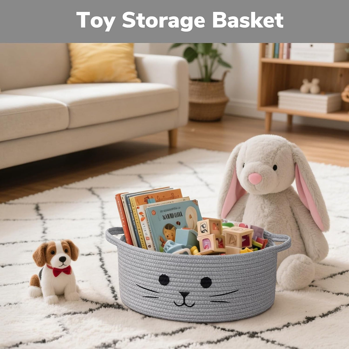 Medium Woven Rope Cat Toy Basket with Cat Face, Grey
