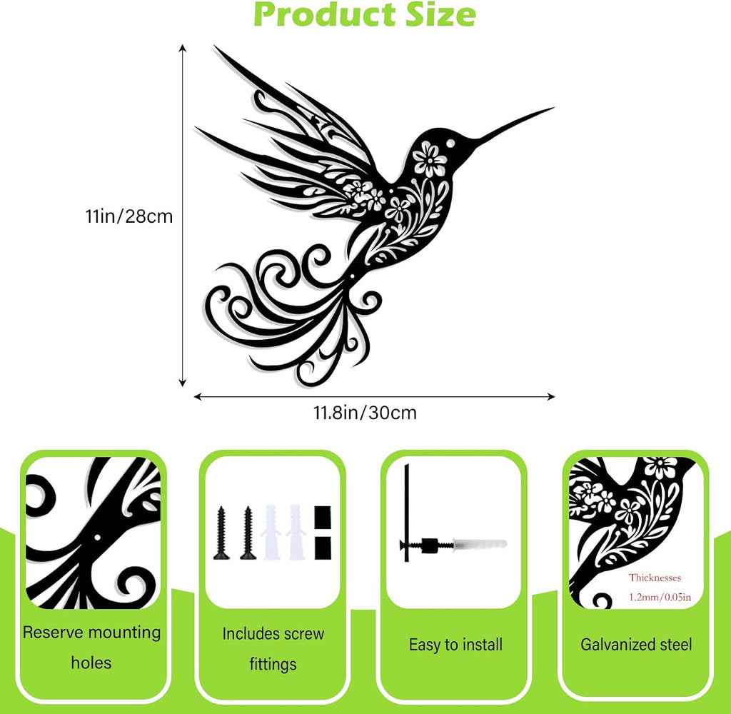 Harikikochuu Metal Hummingbird Wall Decor - Abstract Hummingbird Outdoor Wall Art Metal Bird Wall Decor for Garden Patio (Black, 11.8 x 11in)