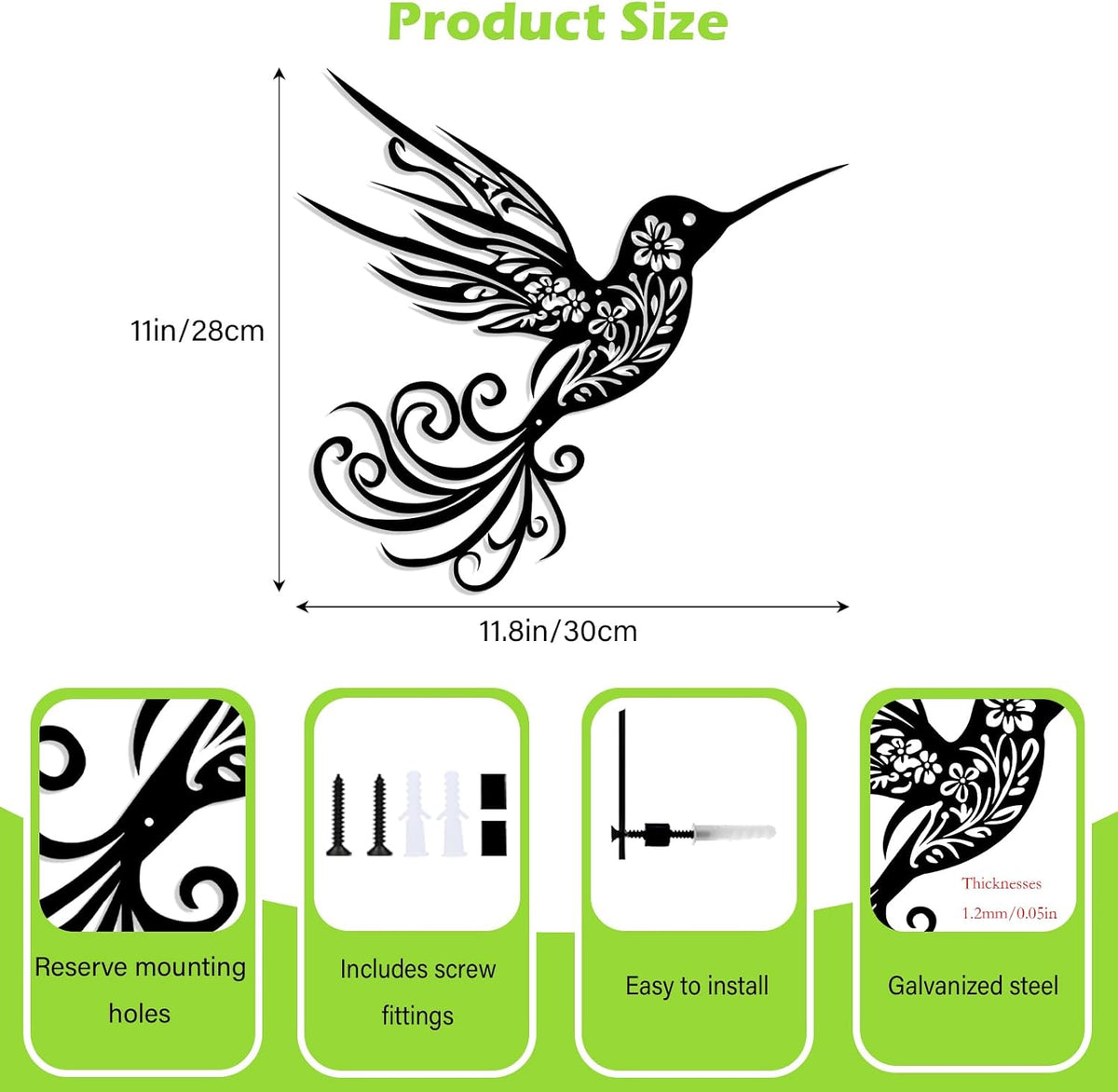 Harikikochuu Metal Hummingbird Wall Decor - Abstract Hummingbird Outdoor Wall Art Metal Bird Wall Decor for Garden Patio (Black, 11.8 x 11in)