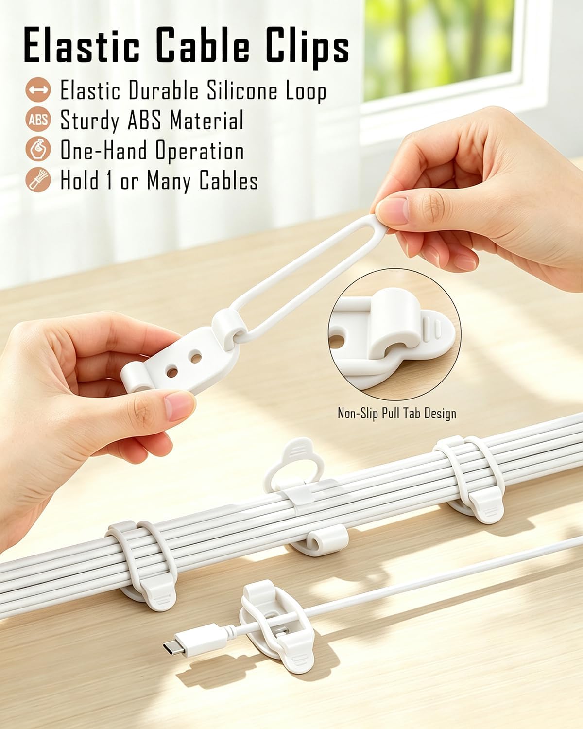 OneLeaf 10-Pack Adhesive Cable Management Clips, Desk Cable Clips, White