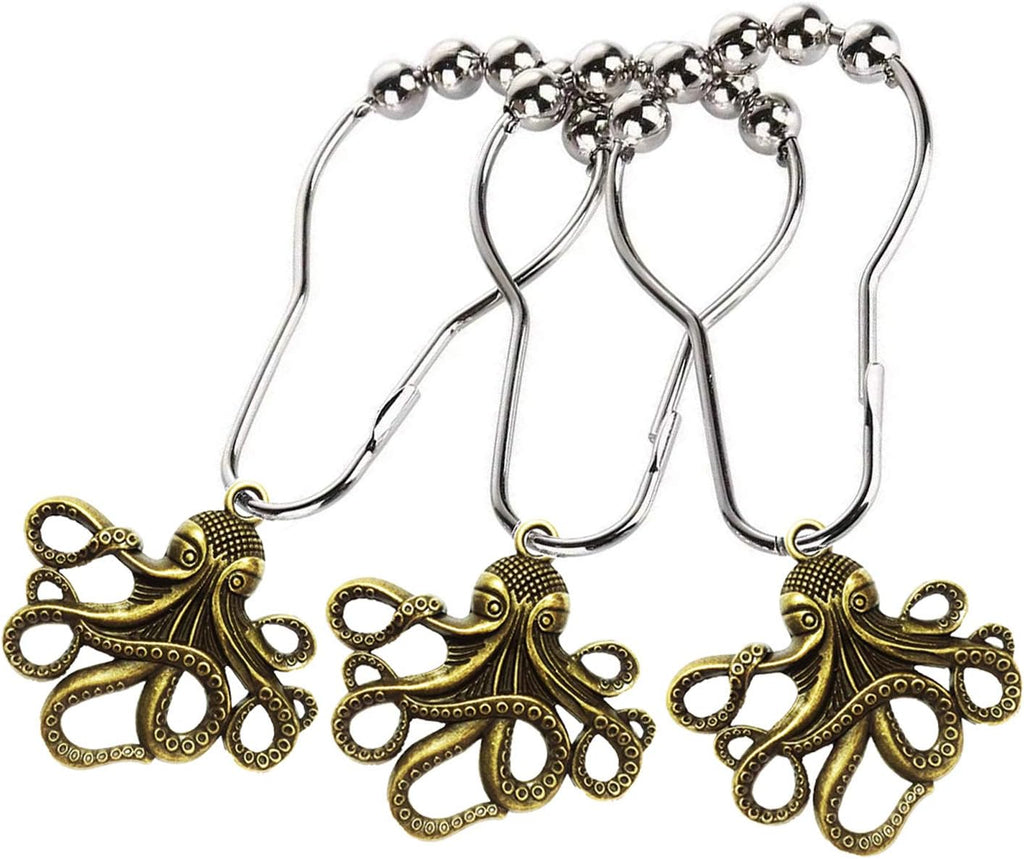 Set of 12 Octopus Shower Curtain Hooks Decorative Home Bathroom Squid Sea Creature Beast Stainless Steel Rustproof Brushed Nickel Rings with Octopus Decorative Accessories (Bronze)