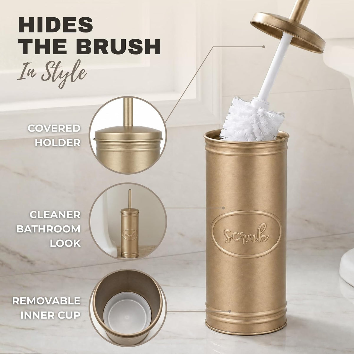 Autumn Alley Rustic Farmhouse Bathroom Trash Can and Toilet Brush Set - Rustic Bathroom Accessories for Charming Bathroom Décor, Antique Gold, 2 Gal. Capacity