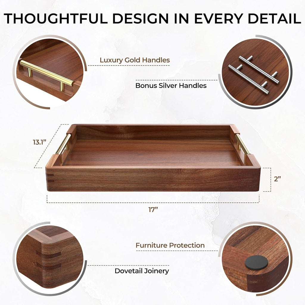 17-Inch Acacia Wood Serving Tray, 2 Handle Sets, Gold and Silver