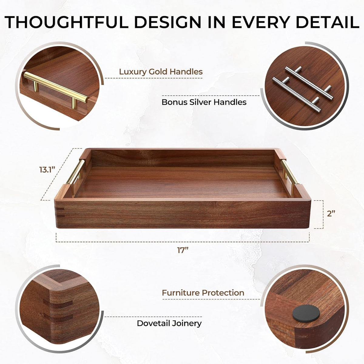 17-Inch Acacia Wood Serving Tray, 2 Handle Sets, Gold and Silver