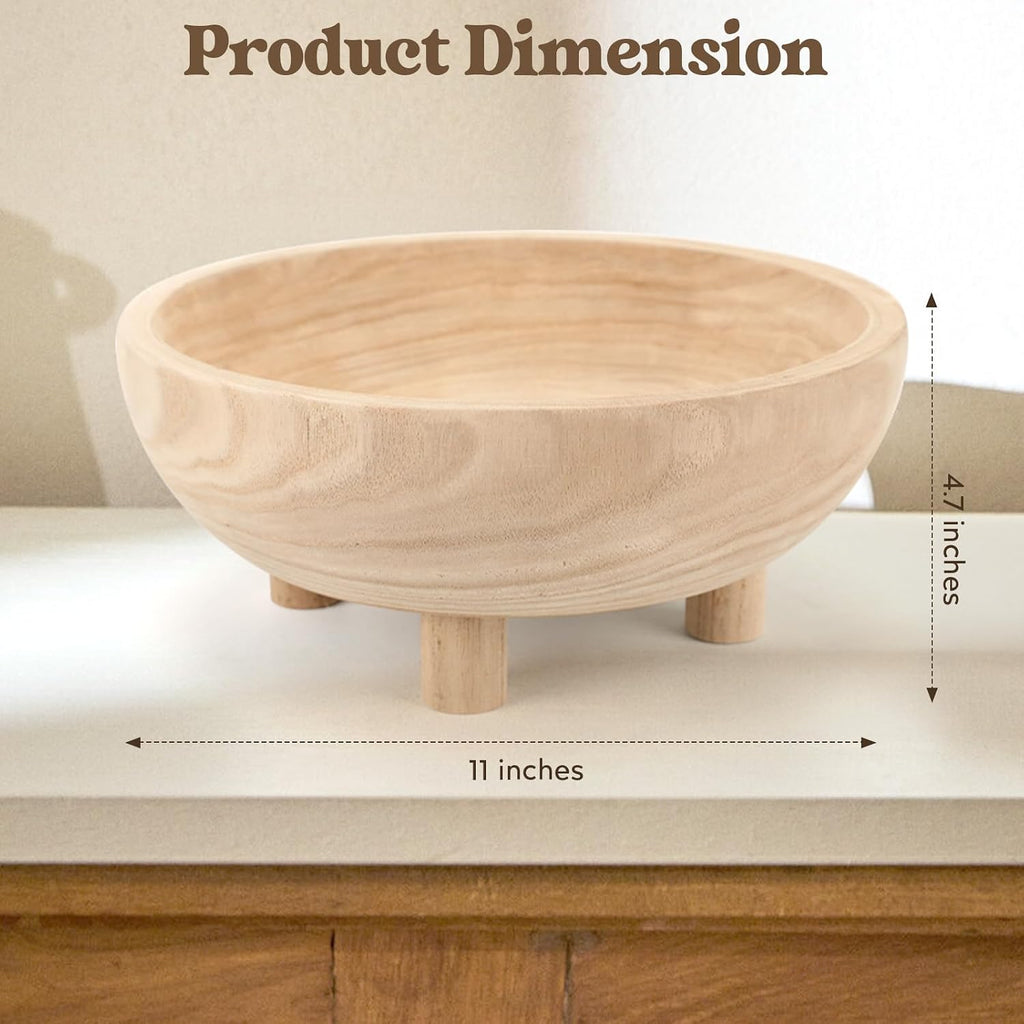 Wooden Decorative Bowl | 11" Large Wood Fruit Bowl for Kitchen Counter | Key Bowl for Entryway Table, Table Centerpieces, Shelf, Coffee Table | Natural Organic Paulownia Wood Bowl with Base | White