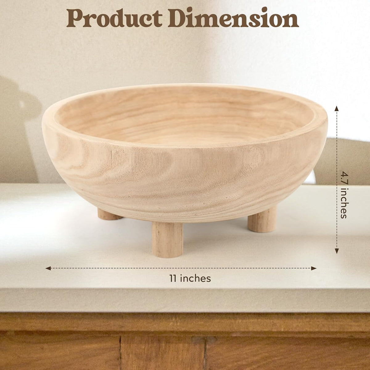 Wooden Decorative Bowl | 11" Large Wood Fruit Bowl for Kitchen Counter | Key Bowl for Entryway Table, Table Centerpieces, Shelf, Coffee Table | Natural Organic Paulownia Wood Bowl with Base | White