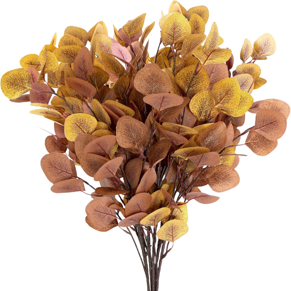 6 Pcs Fall Artificial Eucalyptus Stems Fall Decorations with Eucalyptus Leaf Branches for Indoor Home Autumn Festival Thanksgiving Decor(Mixed Dark Brown and Light Brown)