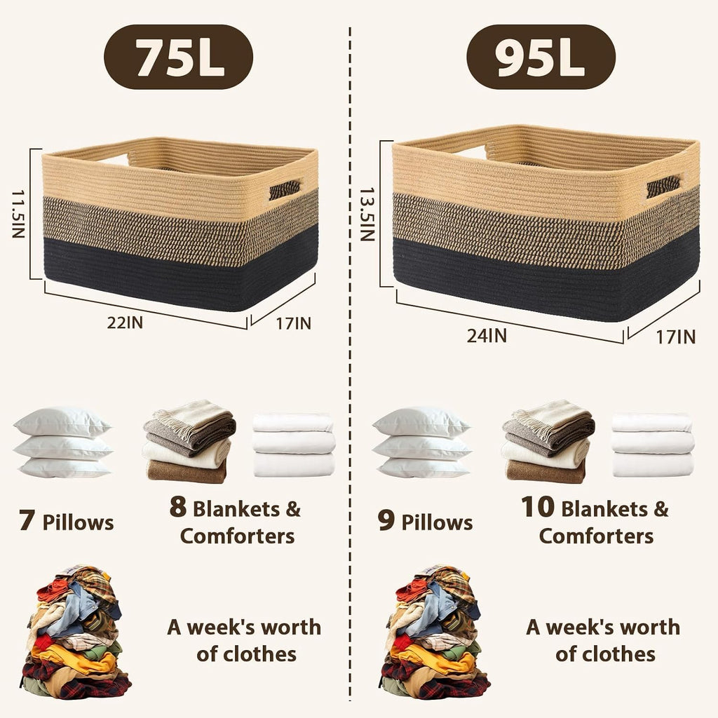 Optish 95L Large Woven Blanket Basket, Storage Basket with Handles