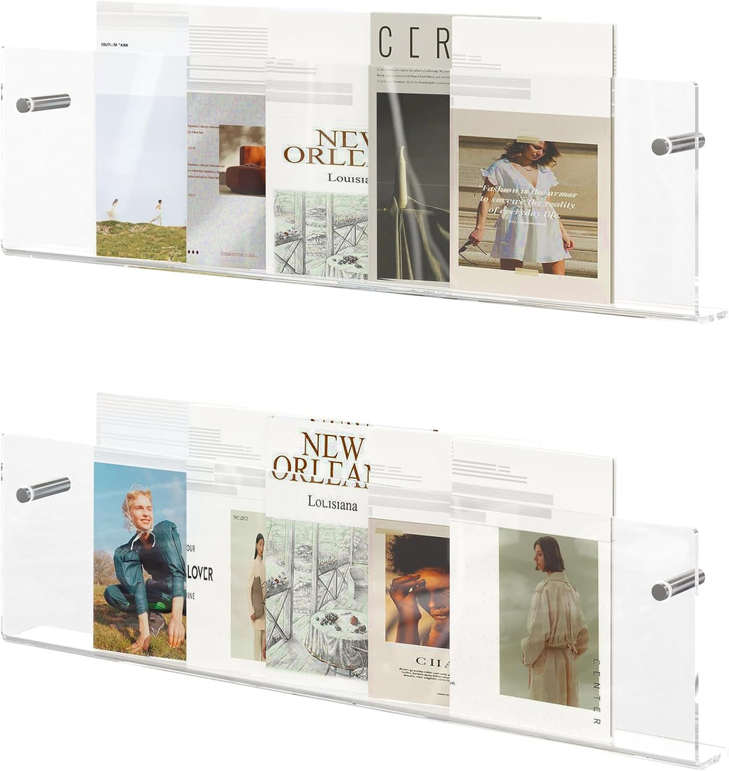 Acrylic Magazine Holder, 2 Pack Hanging Bookshelf Magazine Rack, Wall Mounted Floating Brochure Display for Waiting Room, Office, Home (Clear, 24 Inch)