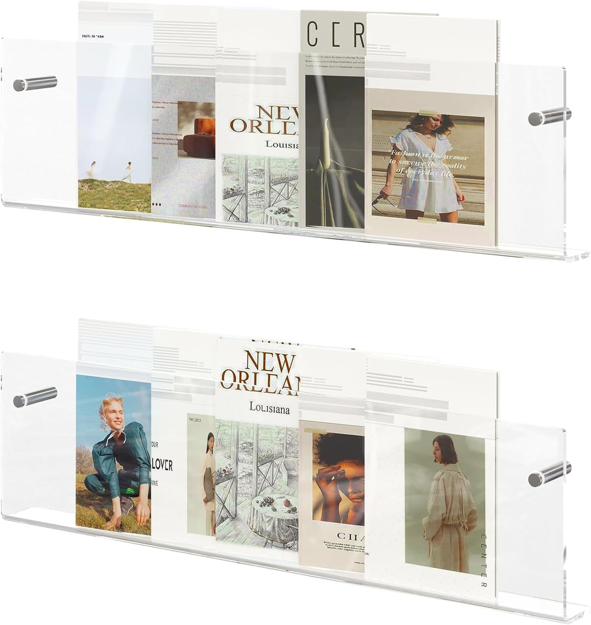 Acrylic Magazine Holder, 2 Pack Hanging Bookshelf Magazine Rack, Wall Mounted Floating Brochure Display for Waiting Room, Office, Home (Clear, 24 Inch)