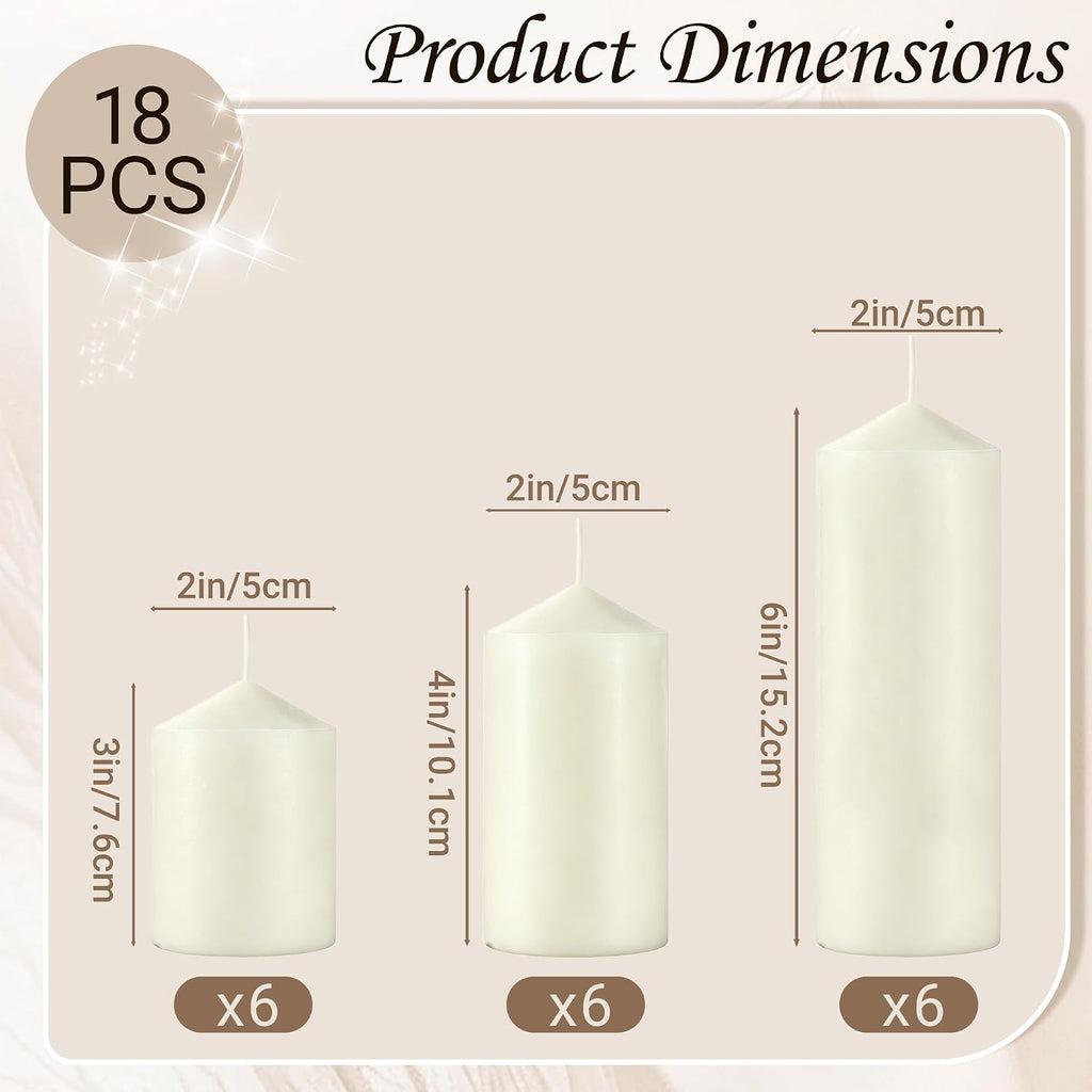 18-Pack Ivory White Pillar Candles Bulk Set, 2x3, 2x4, 2x6 Inch
