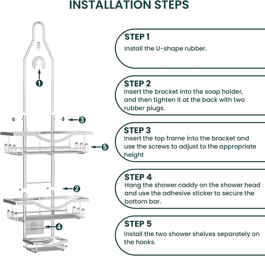 REINHARDT Adjustable Shower Caddy Hanging Over Shower Head, Silver