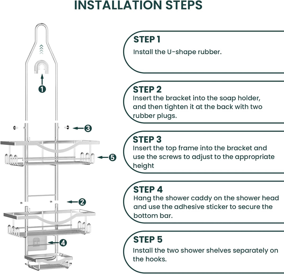 REINHARDT Adjustable Shower Caddy Hanging Over Shower Head, Silver