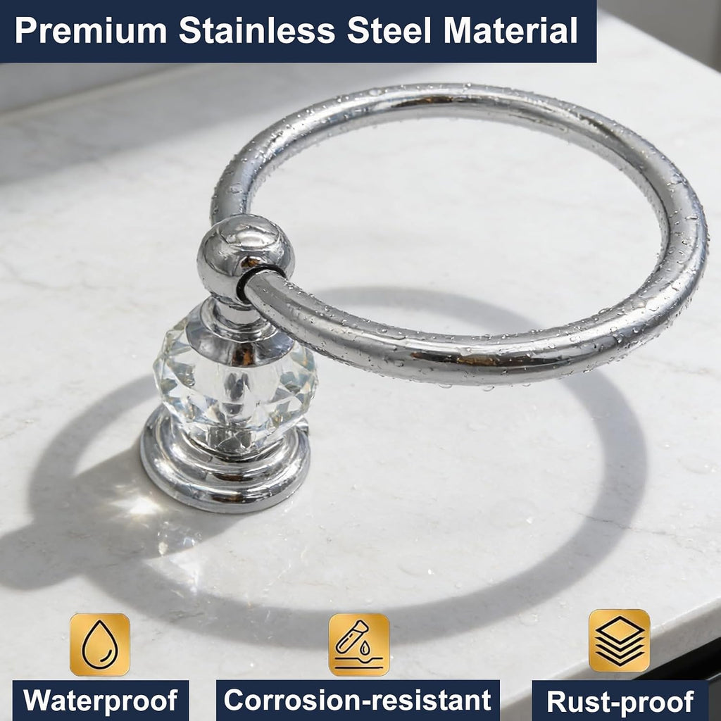 Silver Towel Ring with Crystal, Round Hand Towel Holder for Bathroom