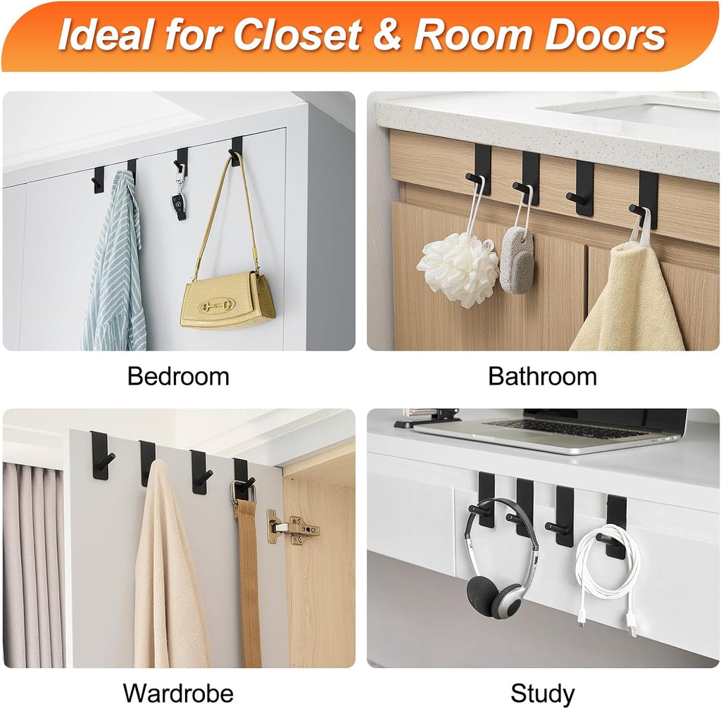 ARTOYS Over The Door Hooks (4 Pack) - Heavy Duty 20mm Wide Hangers for Thick Doors, Holds 50Lbs - EVA Foam Padded No-Scratch Hooks for Cabinets & Closets, Black