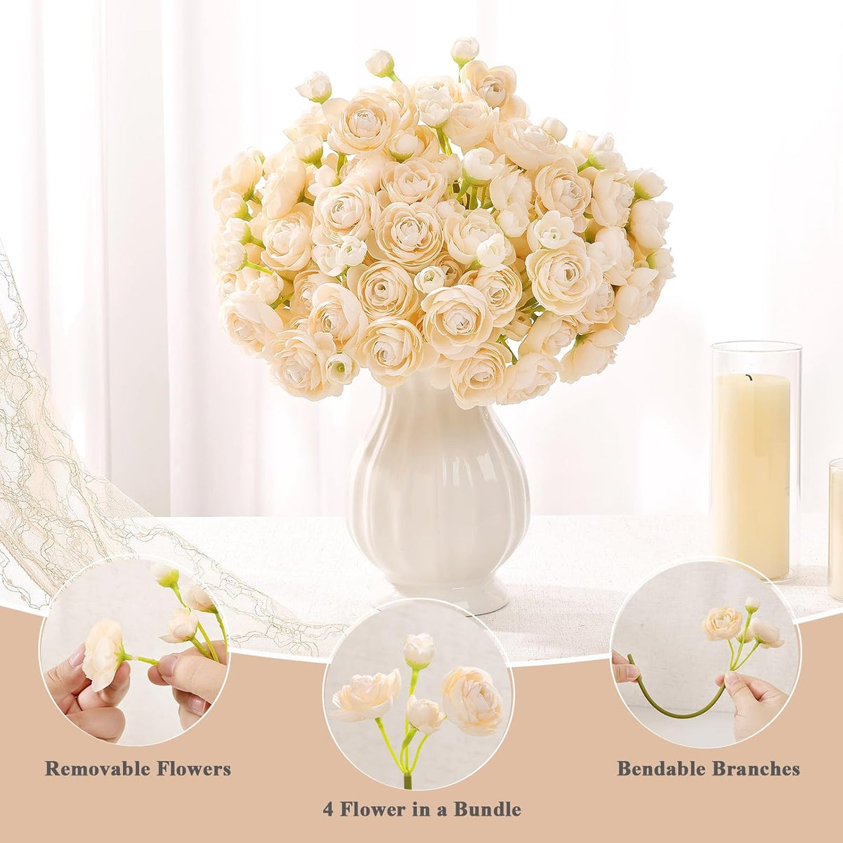 U'Artlines Mini Ranunculus Artificial Flowers Bouquet 20 PCS Creamy