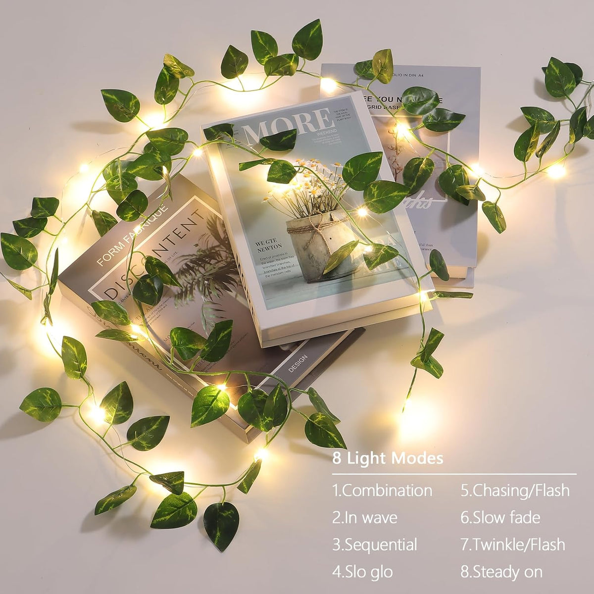 Vines with Lights Battery Operated, 6.56ft 20 LED Pothos with Fairy Lights, Leaf Lights with 8 Modes, Fake Vines Ivy String Lights for Bedroom, Wall, Room, Garden, Party Decor, 4 Pack