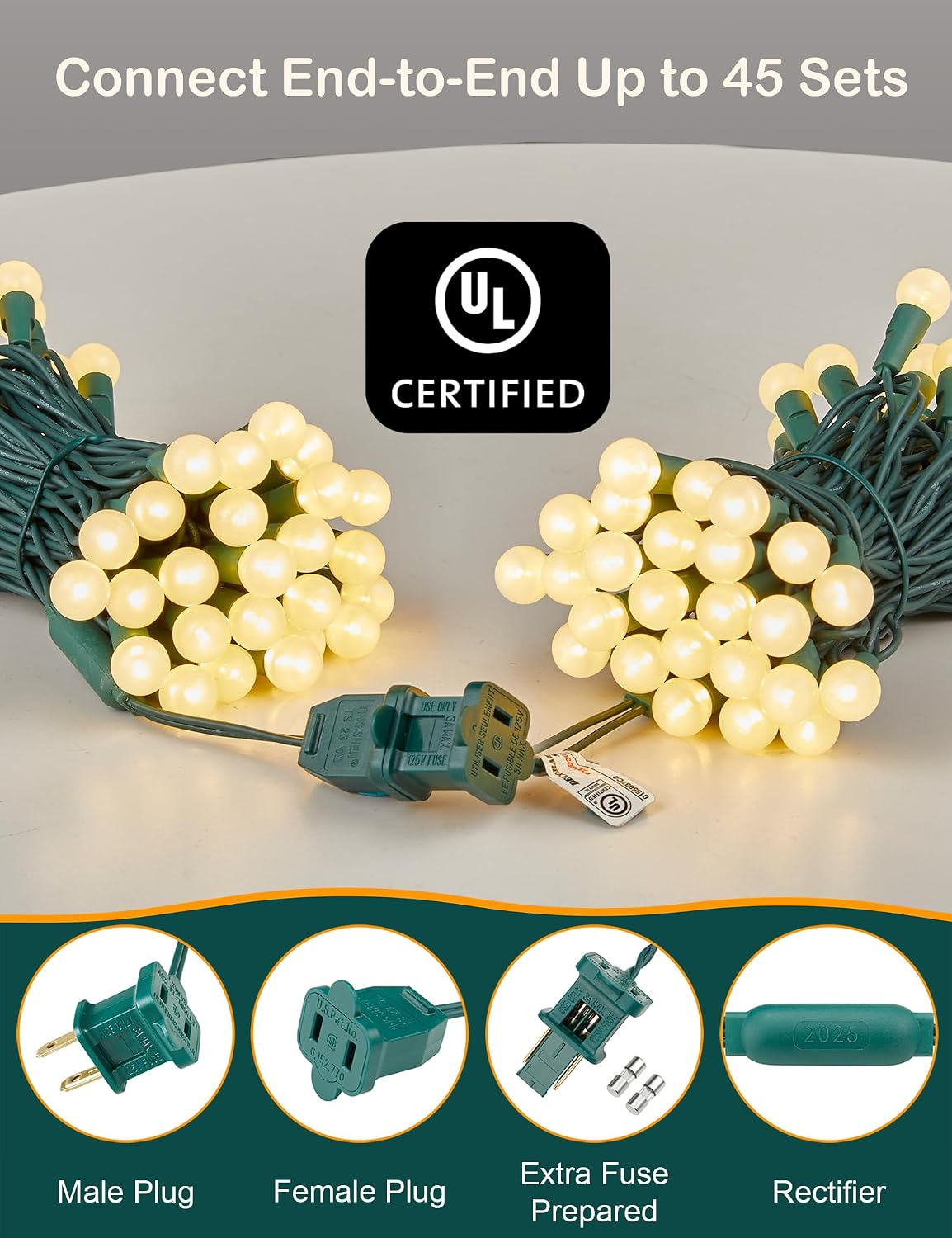 BOHON Warm White Christmas Lights 17FT 50 LED G15 Globe String Lights