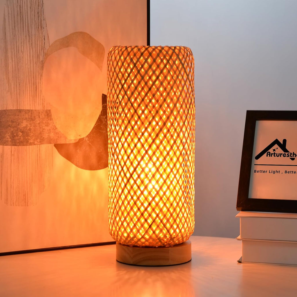 Arturesthome Bamboo Table Lamps with Shade, Rustic Farmhouse Boho Coastal Desk Lamp Night Light for Decorative Bedroom, Study Room, Cafe, Bookcase