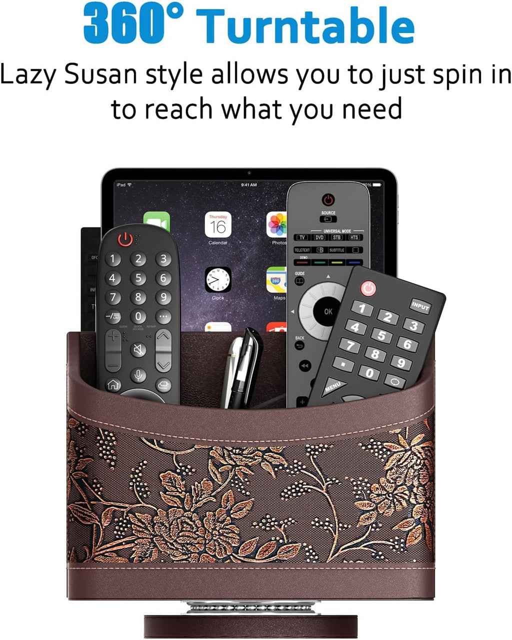 Remote Control Holder for Table, Leather Turntable/Organizer/Caddy for Holding TV Controllers, Phone, and Office Supplies, Perfect Space Saver for End Table/Nightstand/Office Desk(Retro)