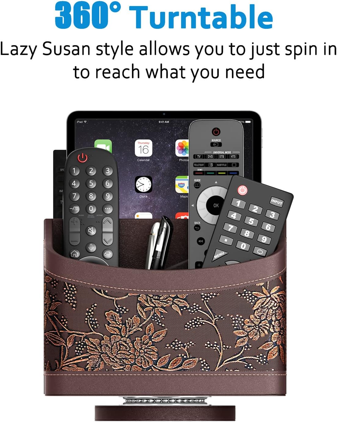 Remote Control Holder for Table, Leather Turntable/Organizer/Caddy for Holding TV Controllers, Phone, and Office Supplies, Perfect Space Saver for End Table/Nightstand/Office Desk(Retro)