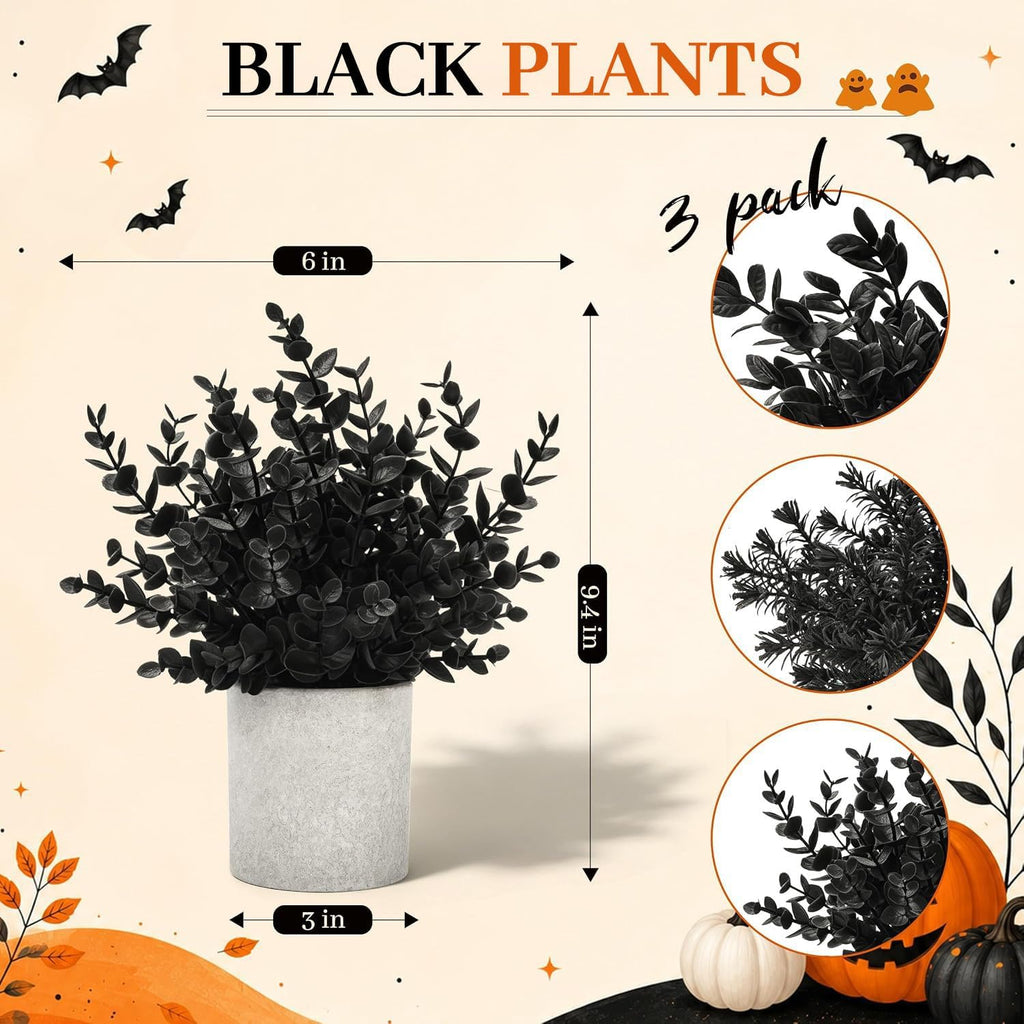 Der Rose 3 Pack Black Eucalyptus Fake Plantsfor Halloween Bathroom Decor