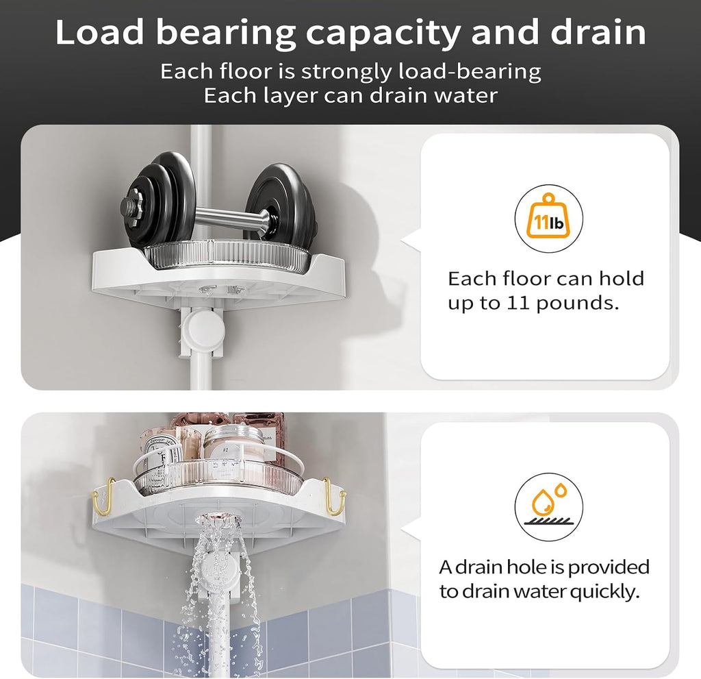 YCIA&DONE 360° Rotating Corner Shower Caddy Tension Pole, 4 Tiers Shower Organizer for Bathroom Shelf Bathtub, Adjustable Standing Shower Rack, Easily Assemble, 34-124 Inch Height, White
