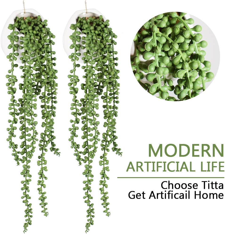 Tiita Artificial Hanging String of Pearls Plants in Pots, 2 Pack for Decor