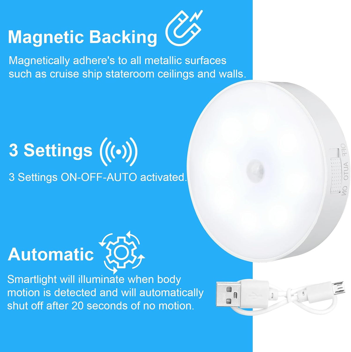 Glooglitter 1 Pcs Magnetic Cruise Ship Motion Sensor Light with USB Cable LED Rechargeable Night Light Battery Nightlight Safe Cordless Nightlight for Cruise Ship Cabin Hallway Bathroom (White)