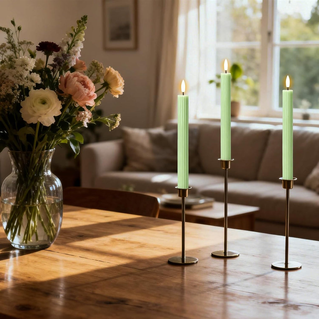 Green Flameless Taper Candles Battery Operated with Remote Timer
