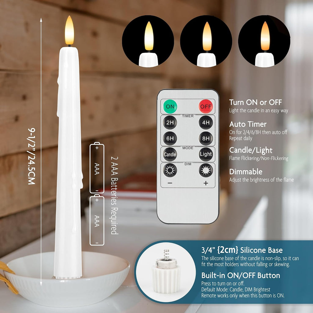 Dripless Flameless Taper Candles with Remote, Real Wax Battery Operated LED Candles Set with 3D Flickering Flame, 3Pcs White 9.6" Realistic Candlesticks as Mothers Day Gifts, Gifts for Mom