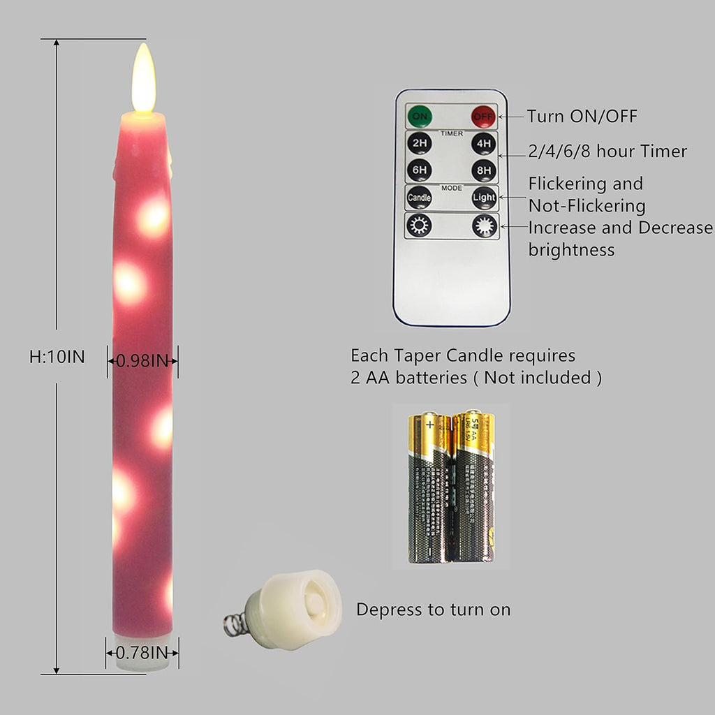 Flameless Flickering Taper Candles Battery Operated with Embedded String Lights, wtih Timer and Remote, LED Real Wax Tapered Dinner Candle Set of 2 (Pink)