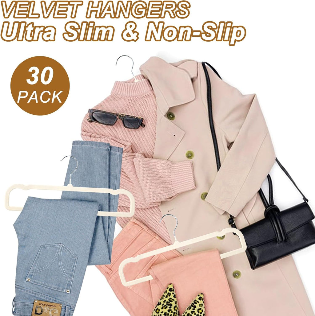 Velvet Pants Hangers Non Slip, 30 Pack Velvet Hangers for Closet with Porous Hooks, Strong Durable Space Saving Slim Clothes Hanger, Ultra Soft Flocked Hanger for Pants/Shirts/Bra/Shorts (Cream)