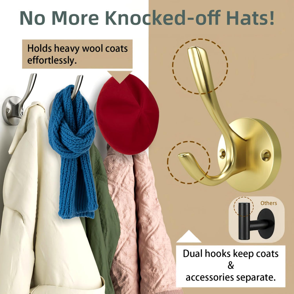 4 Pack Gold Coat Hooks Greenish Satin Brass Double Towel Hooks