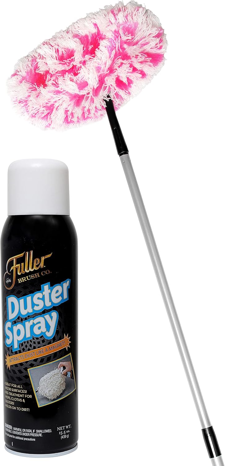 Fuller Brush Duster Spray + Fuzzy Fan Duster - Netted Fiber Duster with Slanted Head Cleans Ceiling Fans Walls Bookshelves Door & Window Tops