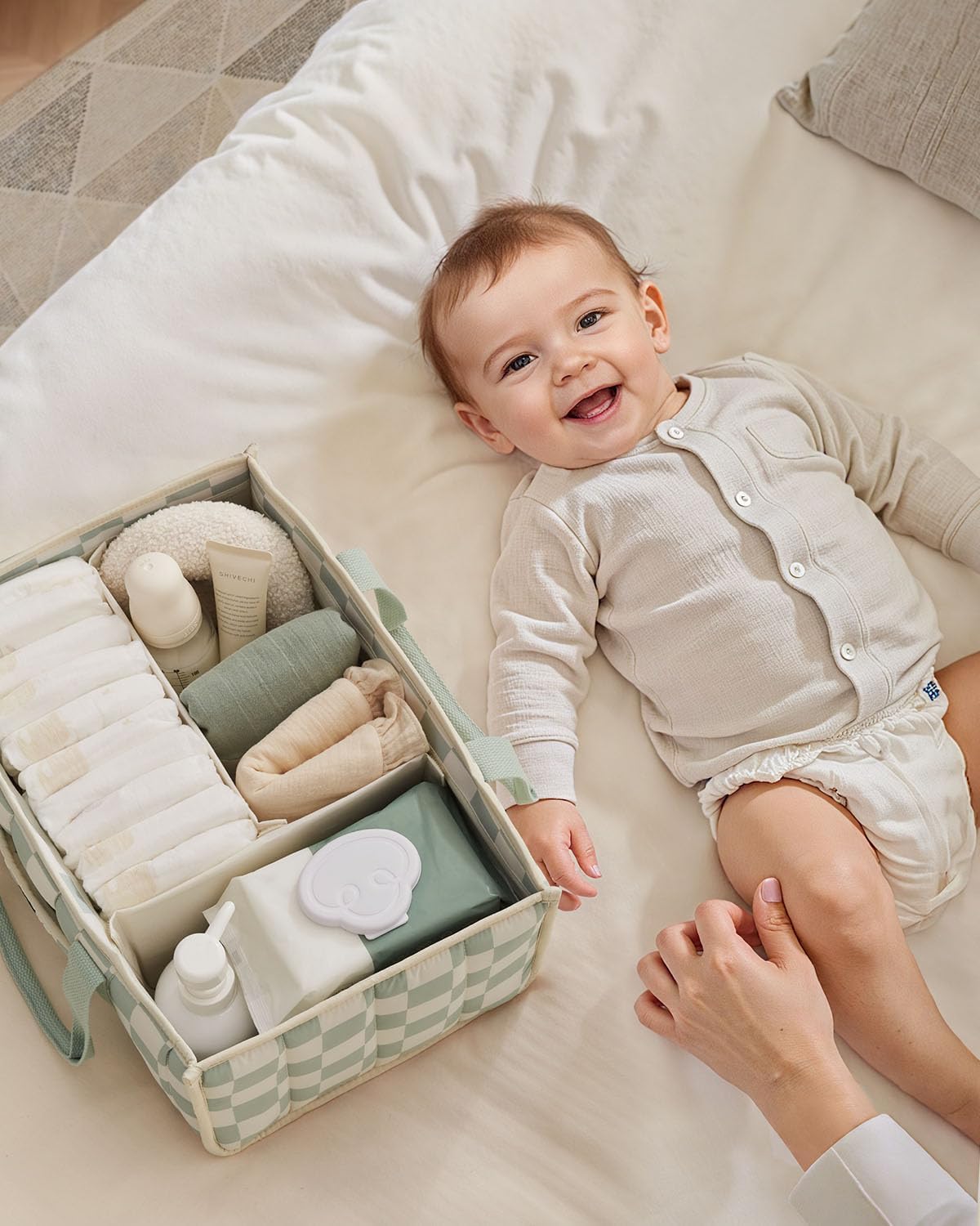 Blissful Diary Checkered Diaper Caddy Organizer, Storage Basket, Pink