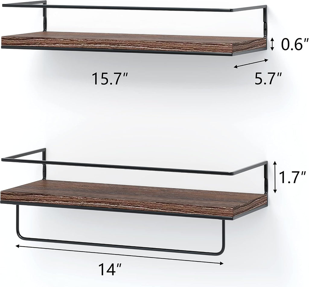 Shario Rustic Wood Floating Shelves - Set of 2, Wall Mounted Hanging Shelves with Black Towel Rack, Decorative Storage Shelves for Bathroom, Kitchen, Living Room & Bedroom (Dark Carbonized Brown)