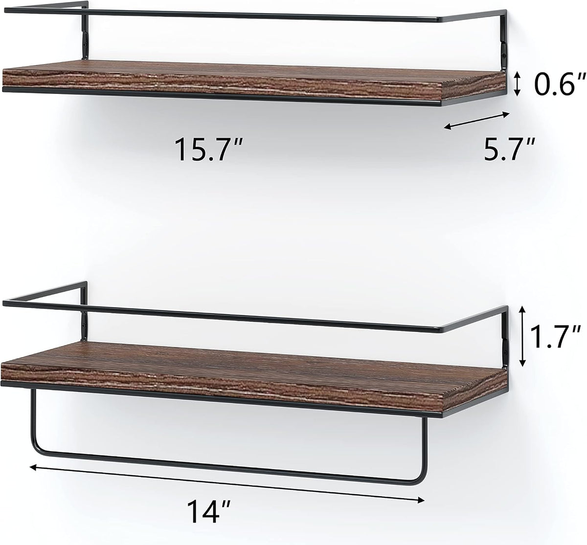 Shario Rustic Wood Floating Shelves - Set of 2, Wall Mounted Hanging Shelves with Black Towel Rack, Decorative Storage Shelves for Bathroom, Kitchen, Living Room & Bedroom (Dark Carbonized Brown)