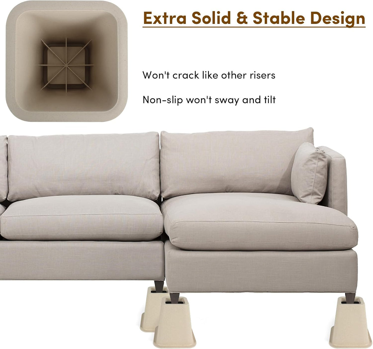 DEDU Bed Risers 6 Inch Heavy Duty 6 Pack, Furniture Risers for Sofas Oversized, Couch Risers with Non-Slip Pad Supports Up to 2200 Lbs for Bed, Desk, Chair (Beige)