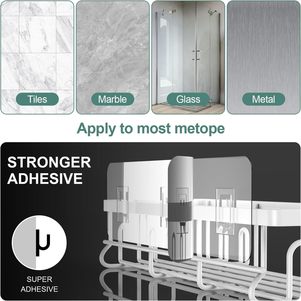 Getsrichfc Shower Caddy Adhesive, Rustproof Shower Shelves for Inside Shower, Large Capacity Bathroom Organizers and Storage, Shower Storage with Removable Hooks, No Drill Bathroom Accessories White
