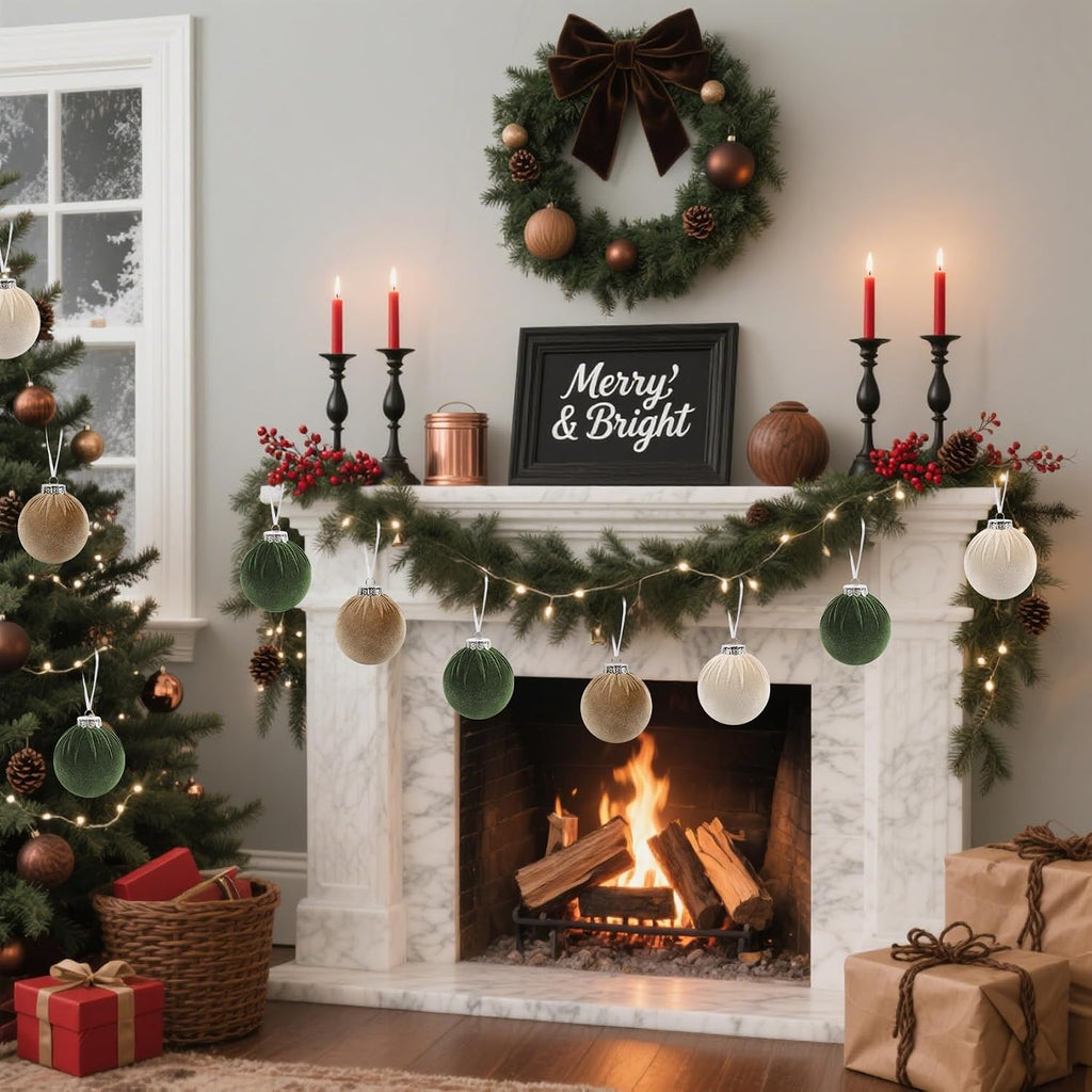 IPOPU 15Pcs Velvet Christmas Ornaments Balls Bulk for Christmas Tree Decoration 3.15in Big Flocked Xmas Hanging Ornaments Set for Home Plastic Large Shatterproof Velvet Ornaments (Green, Brown, Beige)