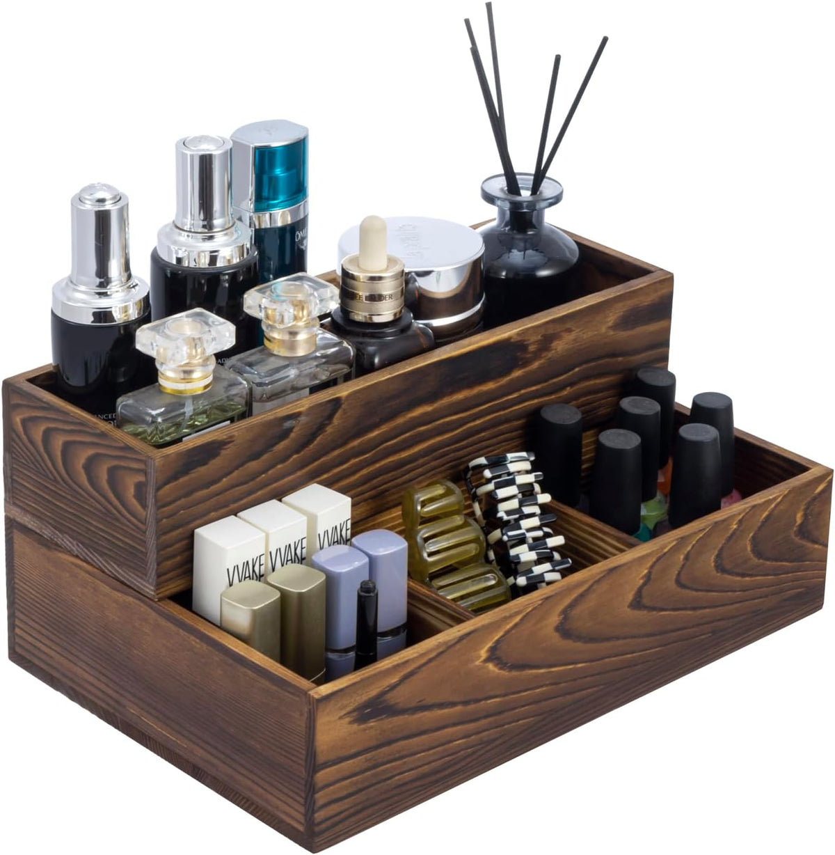 MyGift Counter Storage Organizer, 2 Tier Rustic Burnt Solid Wood Stackable Modular Vanity Countertop Storage Organizer Trays, Decorative Bathroom Makeup Cosmetic Box, 2 Piece Set