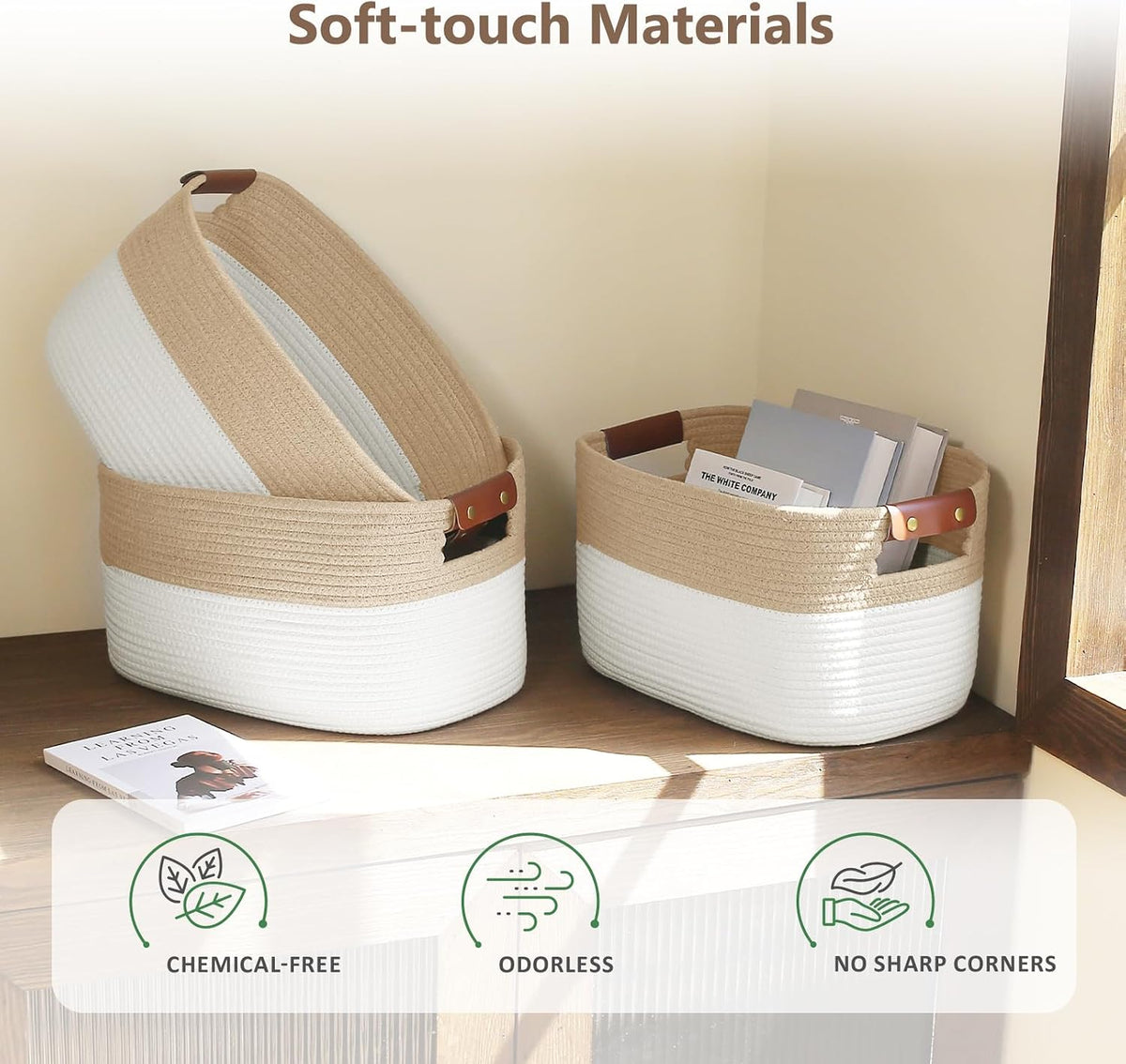 ECDYQXVU 15x10x9 Woven Cotton Rope Storage Basket, Leather Handles 1 Pack